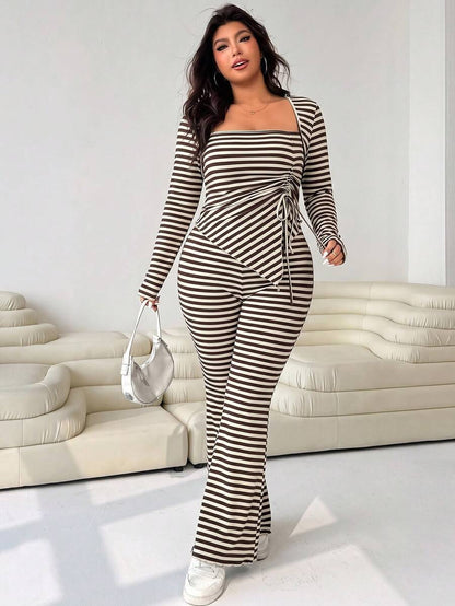 GalTyme Plus Size Women's Casual Asymmetrical Hem Tie Top And Flared Leg Pants Set Fall