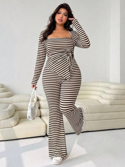 GalTyme Plus Size Women's Casual Asymmetrical Hem Tie Top And Flared Leg Pants Set Fall