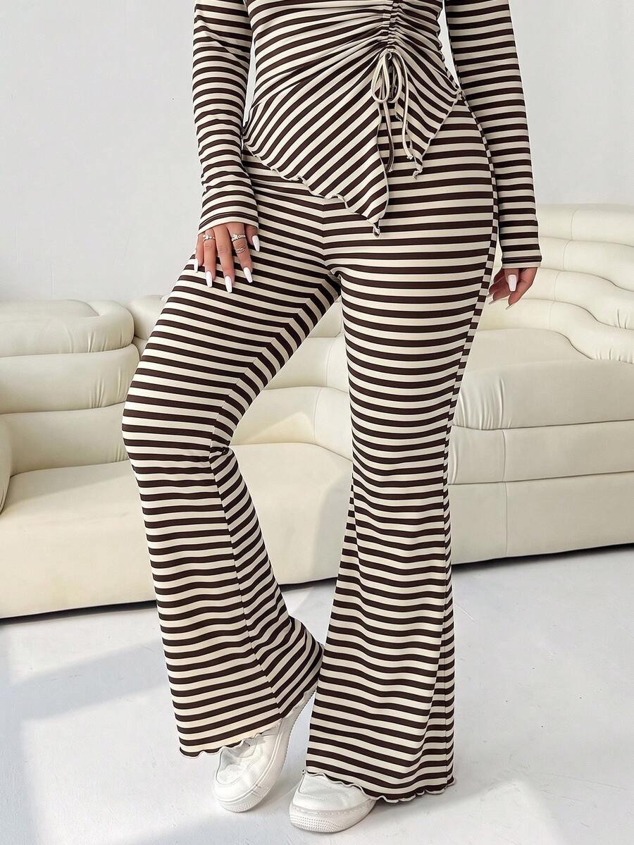 GalTyme Plus Size Women's Casual Asymmetrical Hem Tie Top And Flared Leg Pants Set Fall
