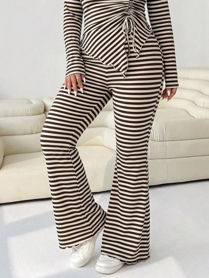 GalTyme Plus Size Women's Casual Asymmetrical Hem Tie Top And Flared Leg Pants Set Fall