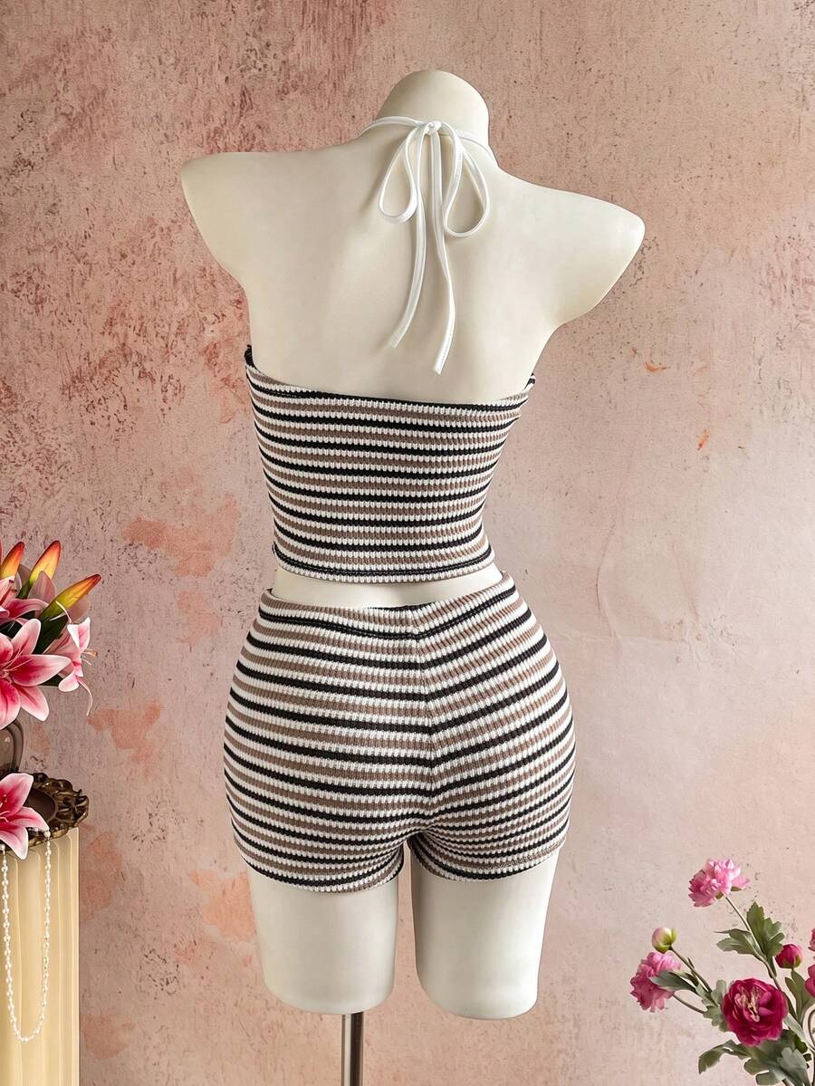 Sunnyshic Women's Autumn/Winter Casual Striped Knit Set Halter Top Low Waist Shorts Slim Fit Elegant Beach Outfit Tank Top Shorts