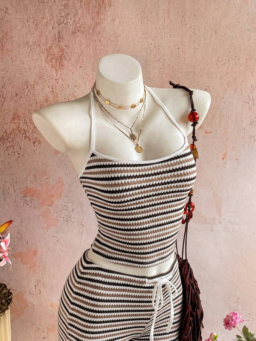 Sunnyshic Women's Autumn/Winter Casual Striped Knit Set Halter Top Low Waist Shorts Slim Fit Elegant Beach Outfit Tank Top Shorts