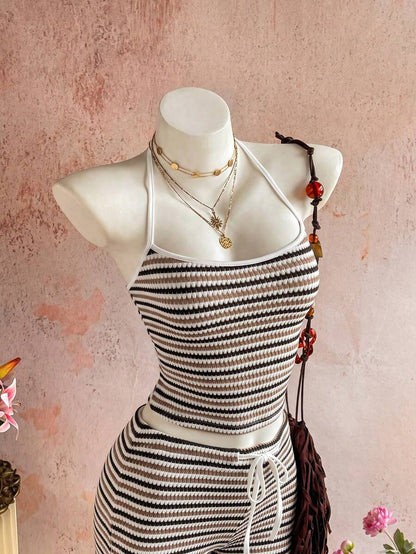 Sunnyshic Women's Autumn/Winter Casual Striped Knit Set Halter Top Low Waist Shorts Slim Fit Elegant Beach Outfit Tank Top Shorts