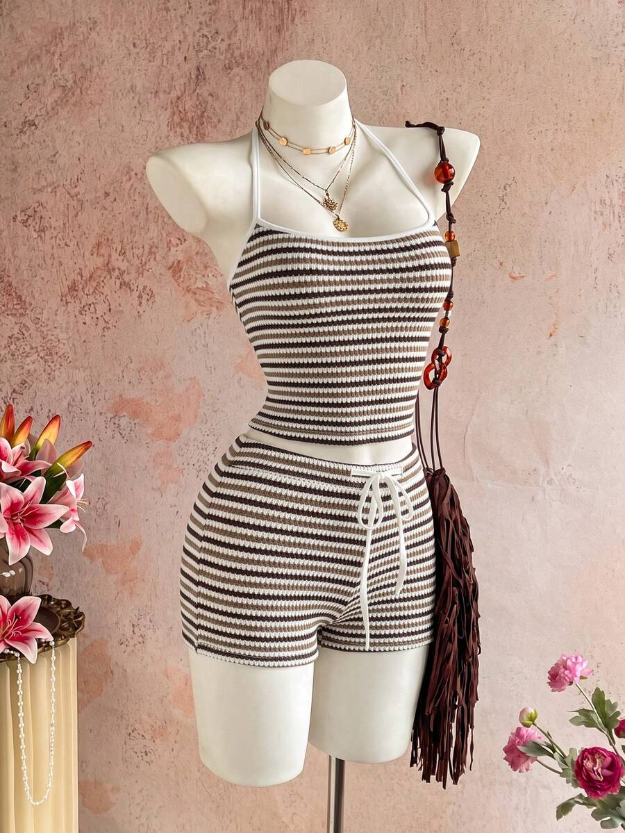 Sunnyshic Women's Autumn/Winter Casual Striped Knit Set Halter Top Low Waist Shorts Slim Fit Elegant Beach Outfit Tank Top Shorts