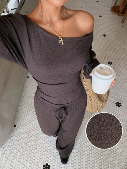 Muchica Women's New Autumn Brown Casual Knitted Textured Asymmetric Shoulder Long Sleeve T-Shirt And Pants Set For Going Out, Streetwear