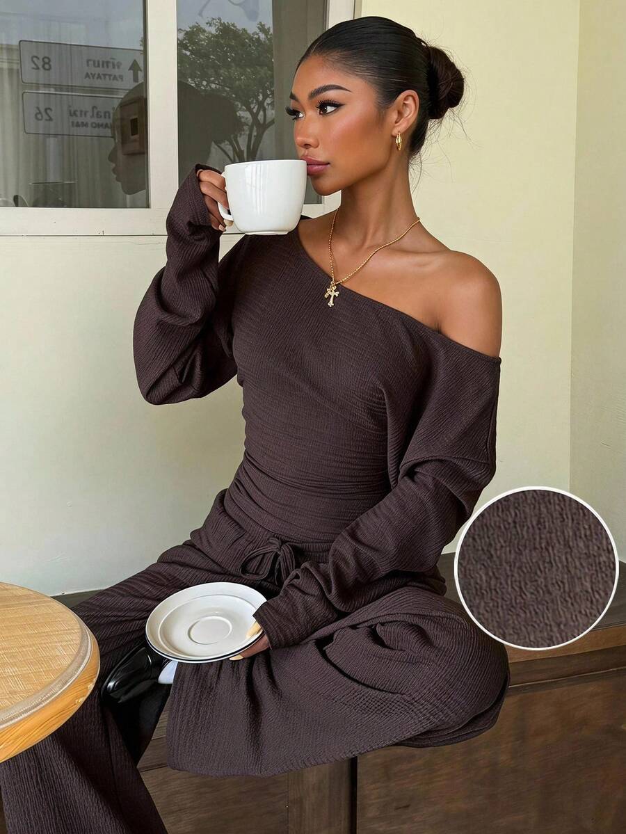 Muchica Women's New Autumn Brown Casual Knitted Textured Asymmetric Shoulder Long Sleeve T-Shirt And Pants Set For Going Out, Streetwear