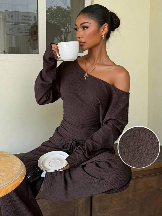 Muchica Women's New Autumn Brown Casual Knitted Textured Asymmetric Shoulder Long Sleeve T-Shirt And Pants Set For Going Out, Streetwear