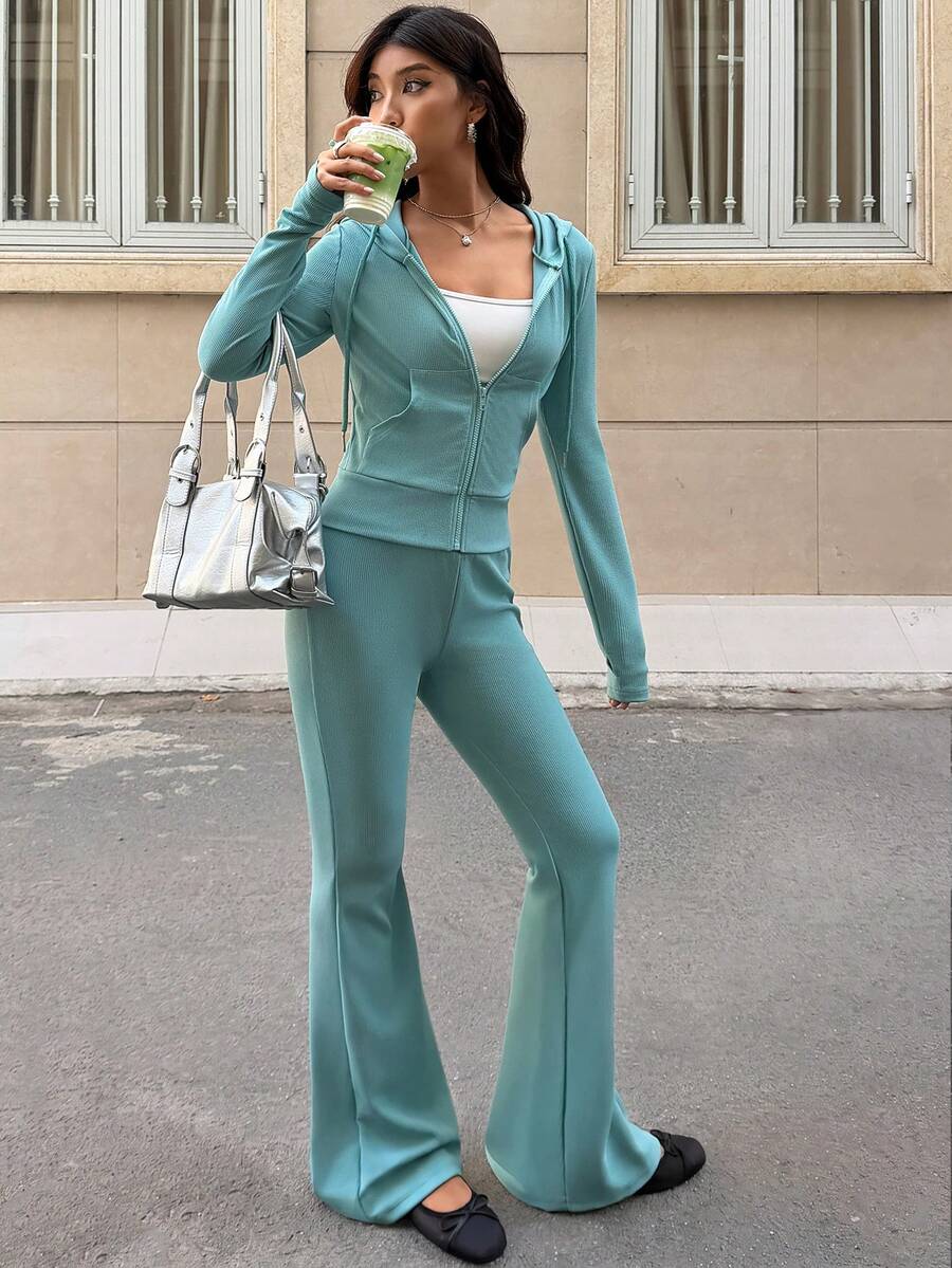 SHEIN EZwear 2pcs Women Casual Athleisure Solid Color Hoodie Top Pants Set,Autumn, Clothes For Women Lounge Travel Burgundy Lounge Travel