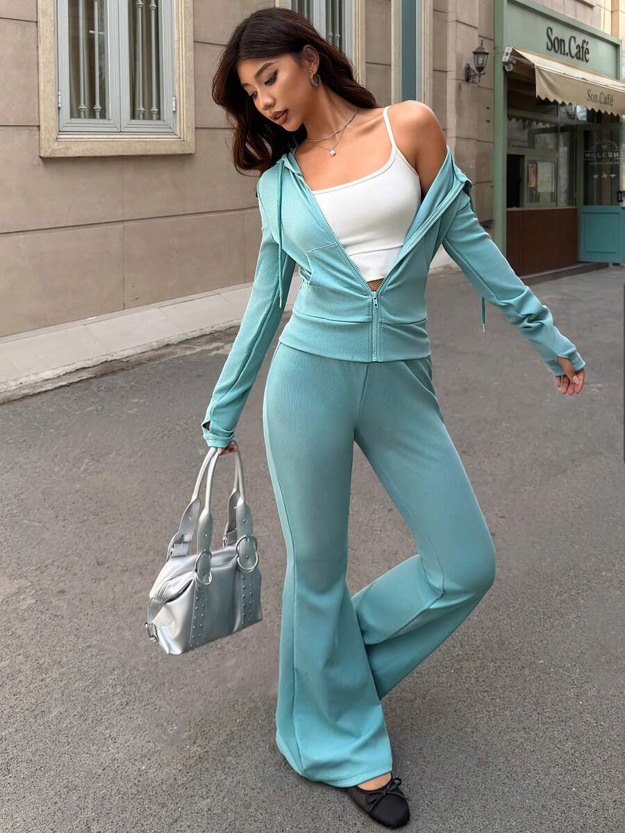 SHEIN EZwear 2pcs Women Casual Athleisure Solid Color Hoodie Top Pants Set,Autumn, Clothes For Women Lounge Travel Burgundy Lounge Travel