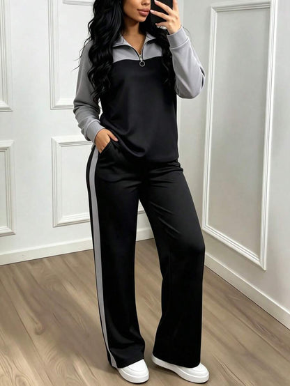 Women's Casual Set, Collared Loose Top And Wide Leg Pants 2 Pieces Outfit, Autumn/Winter Spring Elegant