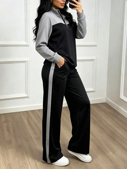 Women's Casual Set, Collared Loose Top And Wide Leg Pants 2 Pieces Outfit, Autumn/Winter Spring Elegant