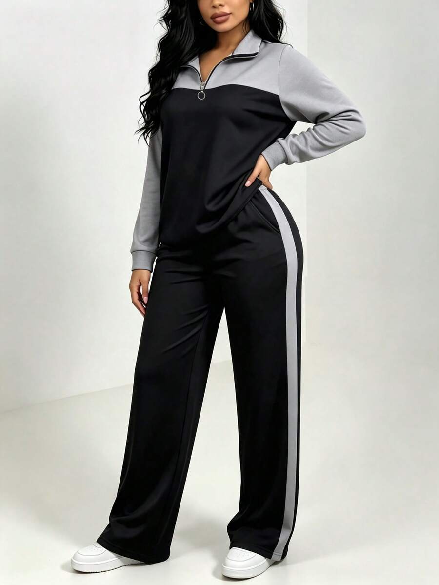 Women's Casual Set, Collared Loose Top And Wide Leg Pants 2 Pieces Outfit, Autumn/Winter Spring Elegant