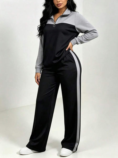Women's Casual Set, Collared Loose Top And Wide Leg Pants 2 Pieces Outfit, Autumn/Winter Spring Elegant