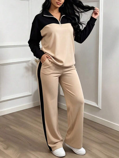 Women's Casual Set, Collared Loose Top And Wide Leg Pants 2 Pieces Outfit, Autumn/Winter Spring Elegant