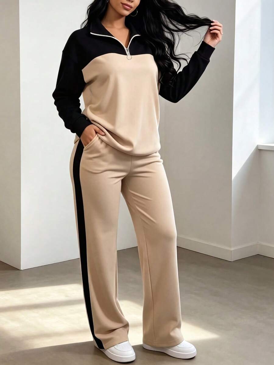 Women's Casual Set, Collared Loose Top And Wide Leg Pants 2 Pieces Outfit, Autumn/Winter Spring Elegant