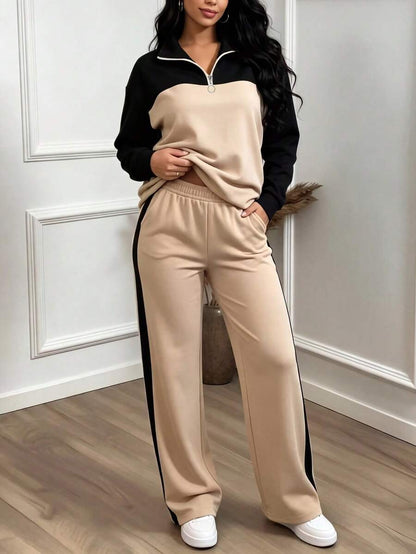 Women's Casual Set, Collared Loose Top And Wide Leg Pants 2 Pieces Outfit, Autumn/Winter Spring Elegant