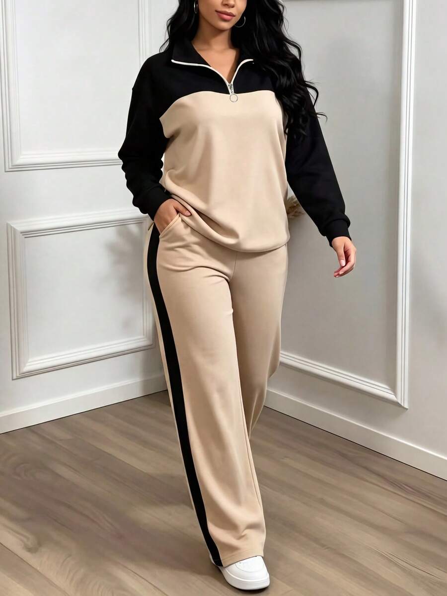 Women's Casual Set, Collared Loose Top And Wide Leg Pants 2 Pieces Outfit, Autumn/Winter Spring Elegant