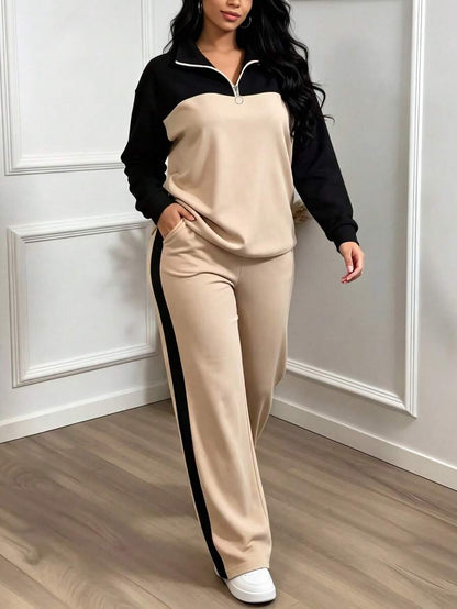Women's Casual Set, Collared Loose Top And Wide Leg Pants 2 Pieces Outfit, Autumn/Winter Spring Elegant