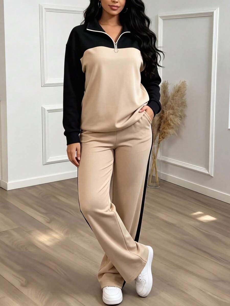 Women's Casual Set, Collared Loose Top And Wide Leg Pants 2 Pieces Outfit, Autumn/Winter Spring Elegant