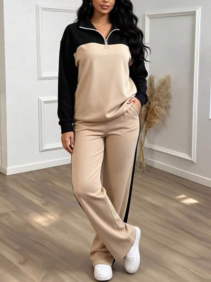 Women's Casual Set, Collared Loose Top And Wide Leg Pants 2 Pieces Outfit, Autumn/Winter Spring Elegant