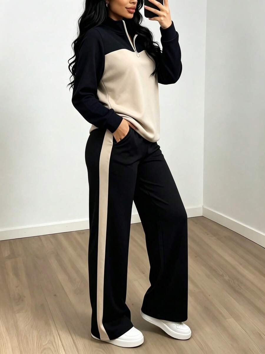 Women's Casual Set, Collared Loose Top And Wide Leg Pants 2 Pieces Outfit, Autumn/Winter Spring Elegant