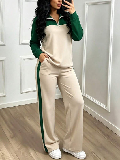 Women's Casual Set, Collared Loose Top And Wide Leg Pants 2 Pieces Outfit, Autumn/Winter Spring Elegant