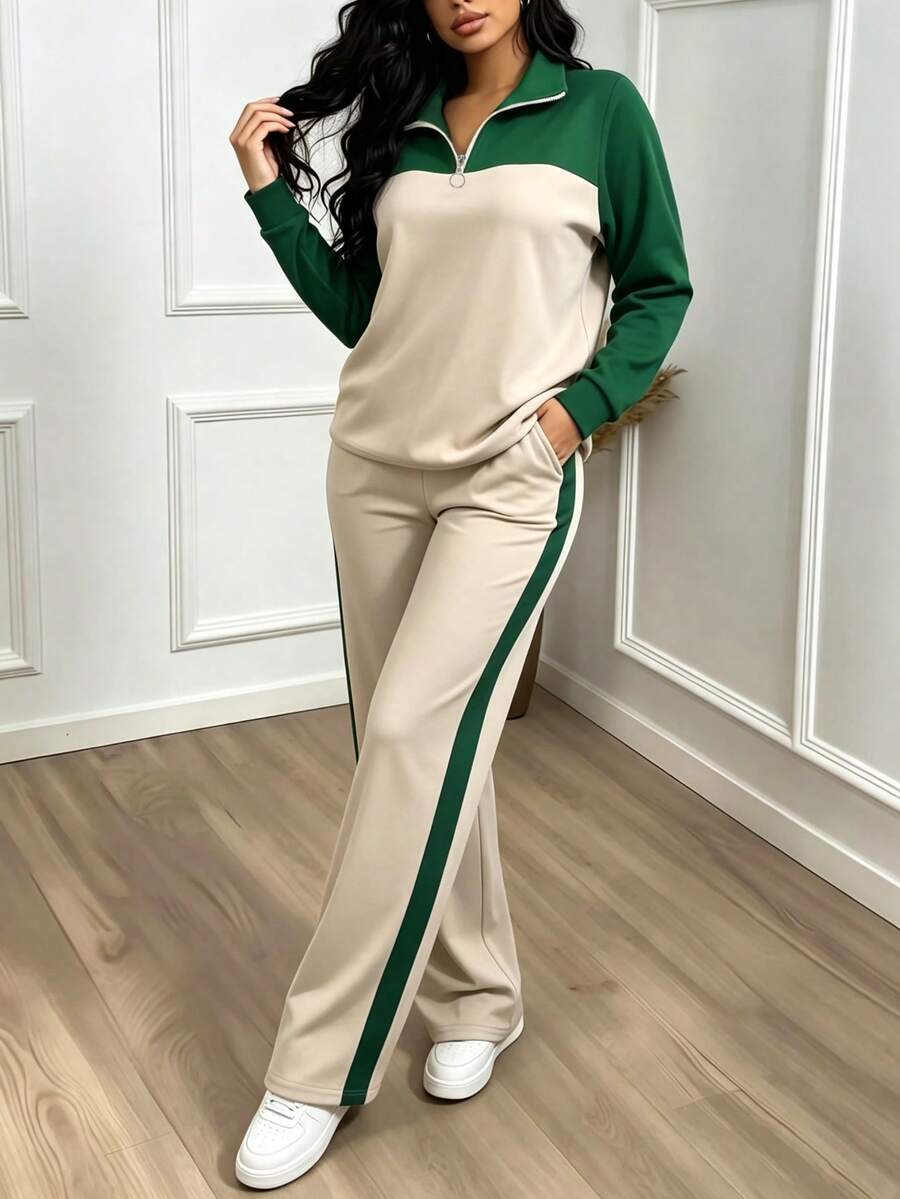 Women's Casual Set, Collared Loose Top And Wide Leg Pants 2 Pieces Outfit, Autumn/Winter Spring Elegant