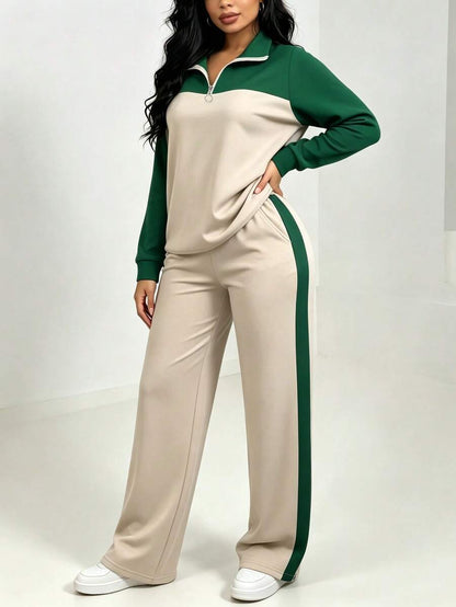 Women's Casual Set, Collared Loose Top And Wide Leg Pants 2 Pieces Outfit, Autumn/Winter Spring Elegant