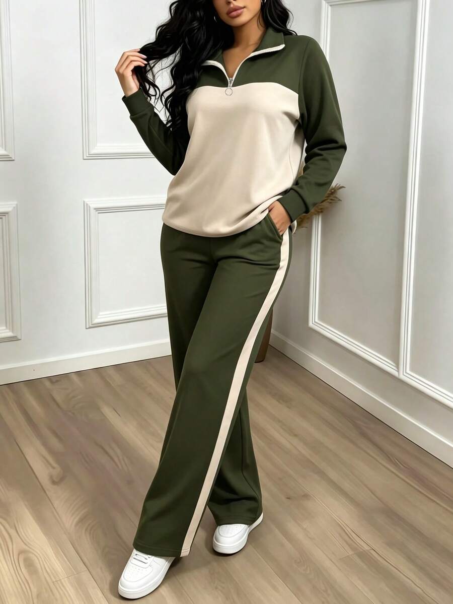 Women's Casual Set, Collared Loose Top And Wide Leg Pants 2 Pieces Outfit, Autumn/Winter Spring Elegant