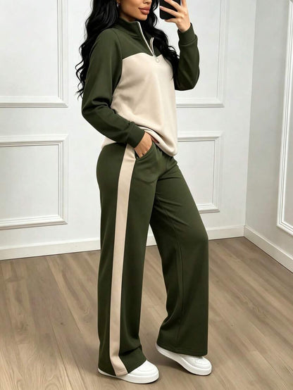 Women's Casual Set, Collared Loose Top And Wide Leg Pants 2 Pieces Outfit, Autumn/Winter Spring Elegant