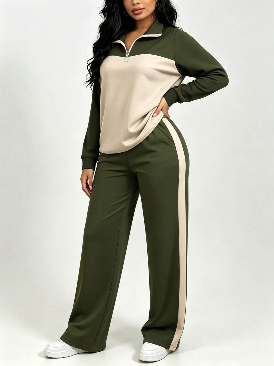 Women's Casual Set, Collared Loose Top And Wide Leg Pants 2 Pieces Outfit, Autumn/Winter Spring Elegant