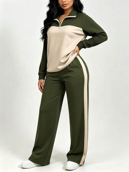 Women's Casual Set, Collared Loose Top And Wide Leg Pants 2 Pieces Outfit, Autumn/Winter Spring Elegant