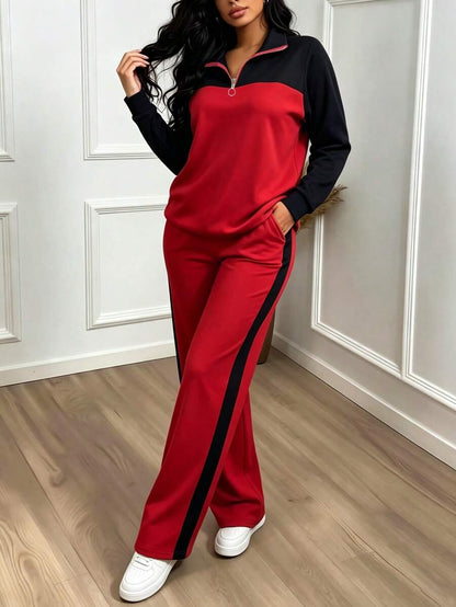 Women's Casual Set, Collared Loose Top And Wide Leg Pants 2 Pieces Outfit, Autumn/Winter Spring Elegant