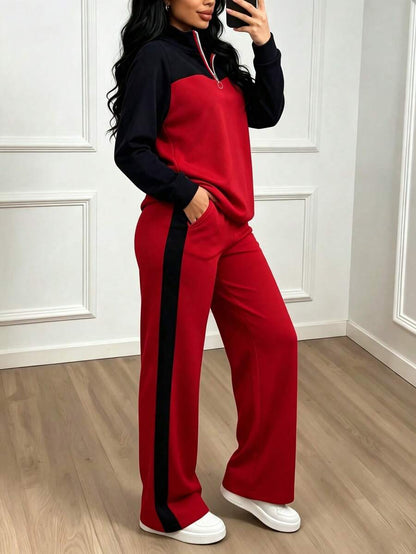 Women's Casual Set, Collared Loose Top And Wide Leg Pants 2 Pieces Outfit, Autumn/Winter Spring Elegant