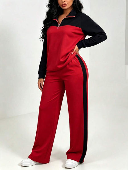 Women's Casual Set, Collared Loose Top And Wide Leg Pants 2 Pieces Outfit, Autumn/Winter Spring Elegant