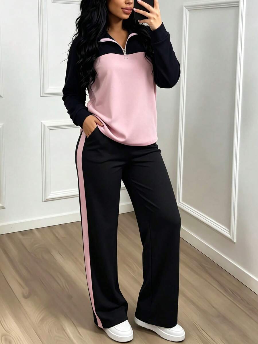 Women's Casual Set, Collared Loose Top And Wide Leg Pants 2 Pieces Outfit, Autumn/Winter Spring Elegant