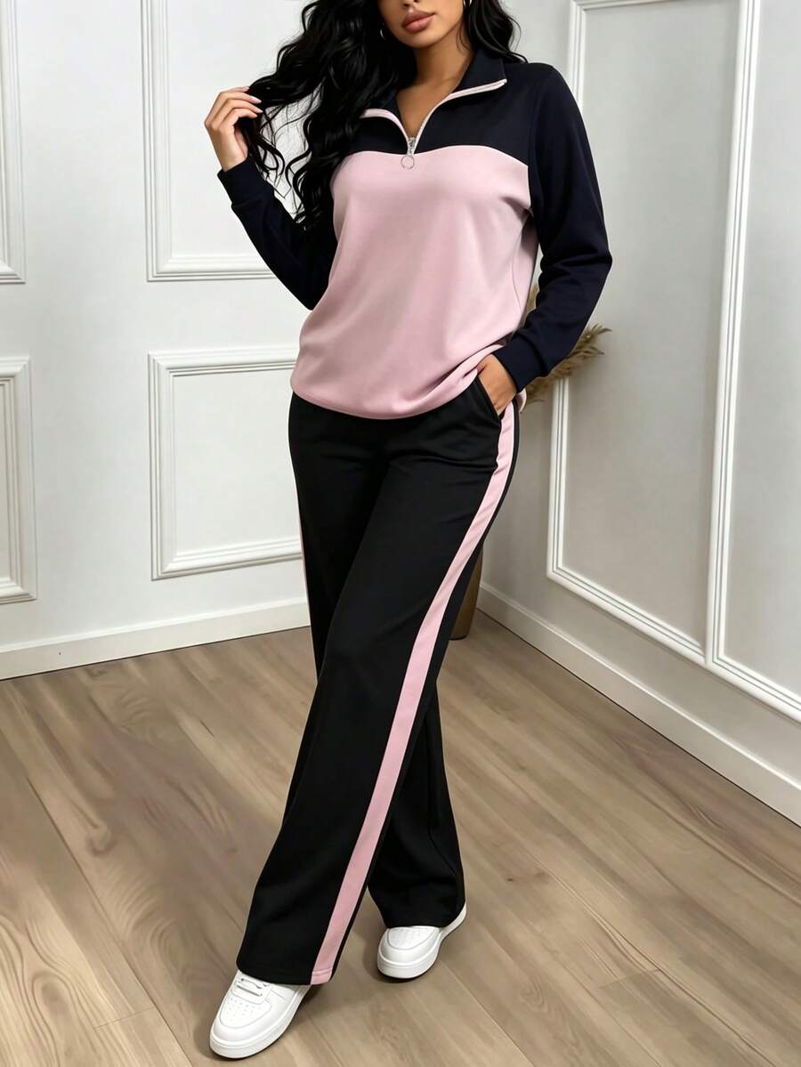 Women's Casual Set, Collared Loose Top And Wide Leg Pants 2 Pieces Outfit, Autumn/Winter Spring Elegant