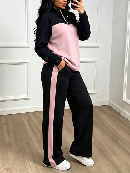 Women's Casual Set, Collared Loose Top And Wide Leg Pants 2 Pieces Outfit, Autumn/Winter Spring Elegant