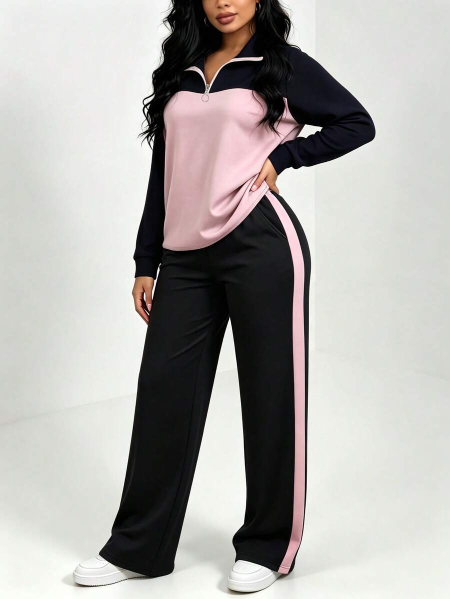 Women's Casual Set, Collared Loose Top And Wide Leg Pants 2 Pieces Outfit, Autumn/Winter Spring Elegant