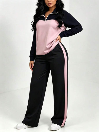 Women's Casual Set, Collared Loose Top And Wide Leg Pants 2 Pieces Outfit, Autumn/Winter Spring Elegant