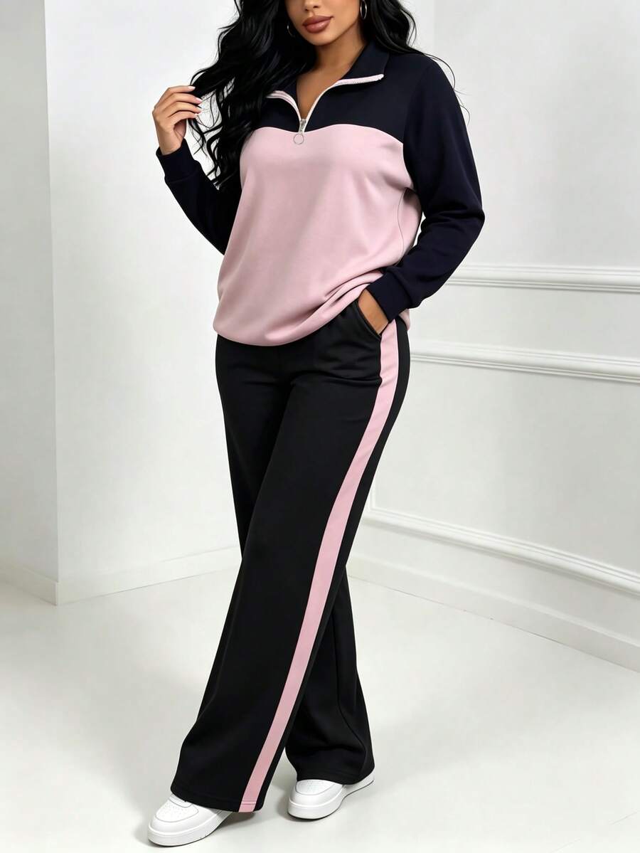 Women's Casual Set, Collared Loose Top And Wide Leg Pants 2 Pieces Outfit, Autumn/Winter Spring Elegant