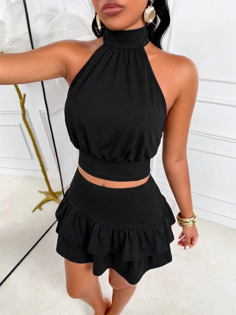 AIJ Amarilo Sexy Spaghetti Strap Backless Polka Dot 2-Piece Set, Women Sleeveless Crop Top And Ruffle Hem Mini Skirt For Party Outfit Elegant Summer