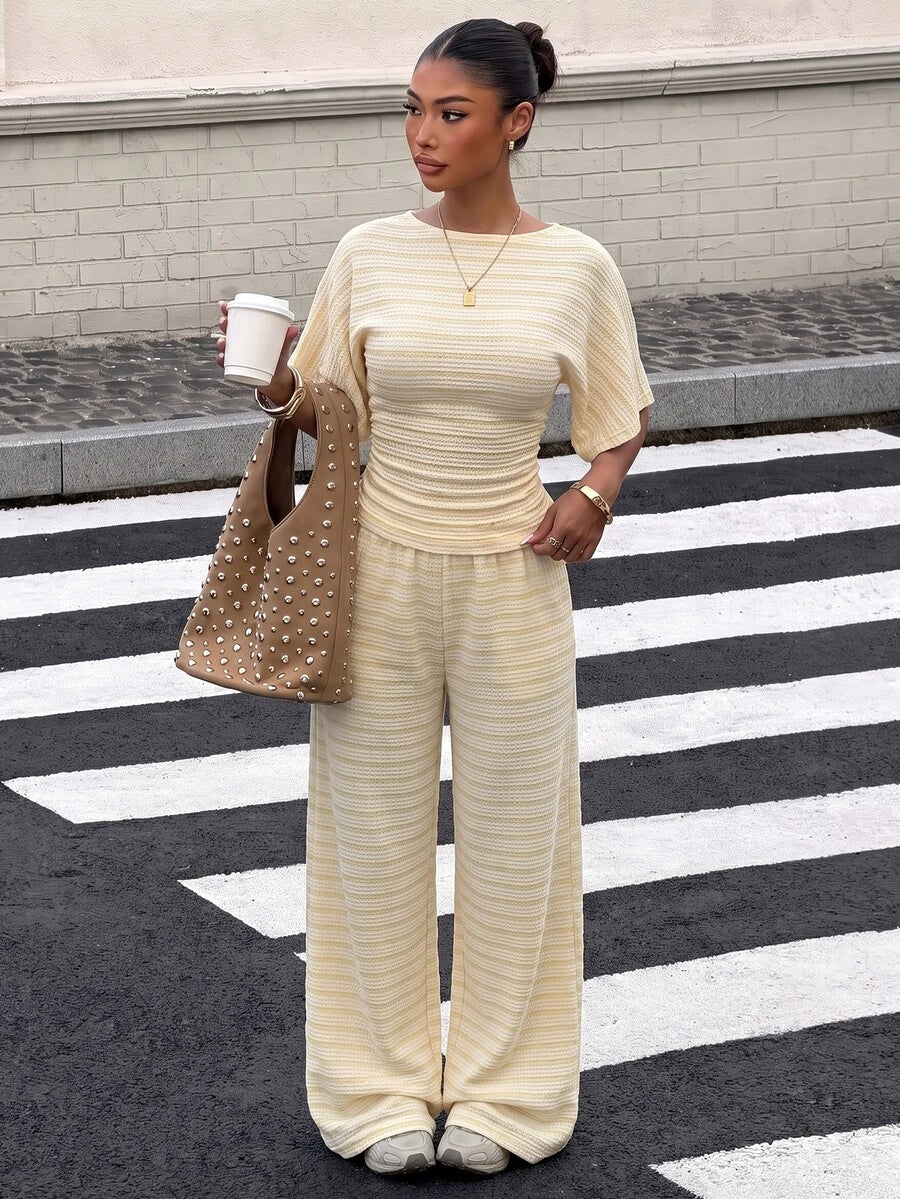 SHEIN EZwear Women's Solid Color Pleated Top And Elastic Waist Long Pants Casual Daily Set Brunch Dark Brown Summer