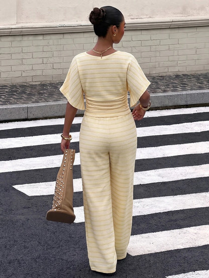 SHEIN EZwear Women's Solid Color Pleated Top And Elastic Waist Long Pants Casual Daily Set Brunch Dark Brown Summer