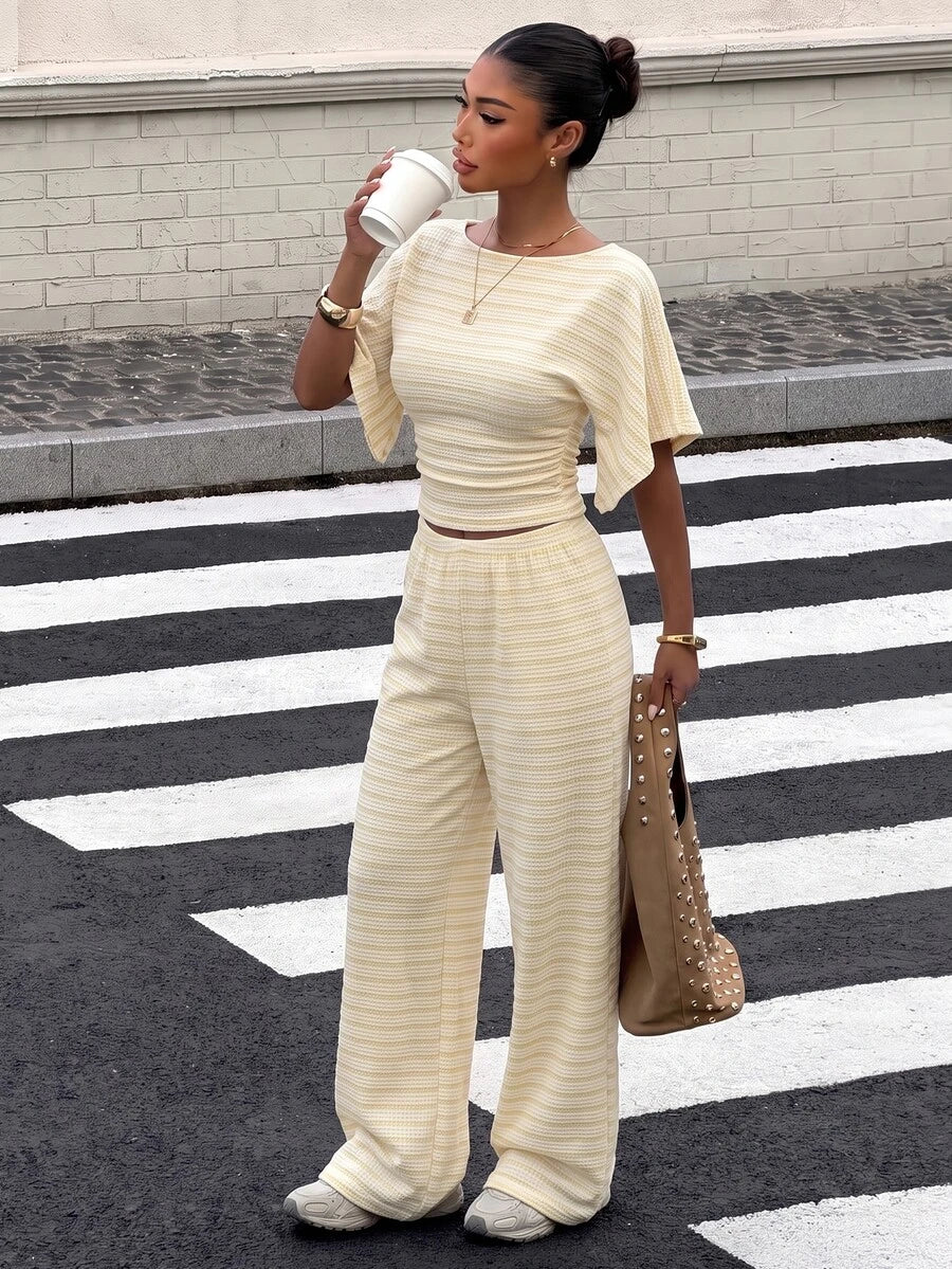 SHEIN EZwear Women's Solid Color Pleated Top And Elastic Waist Long Pants Casual Daily Set Brunch Dark Brown Summer