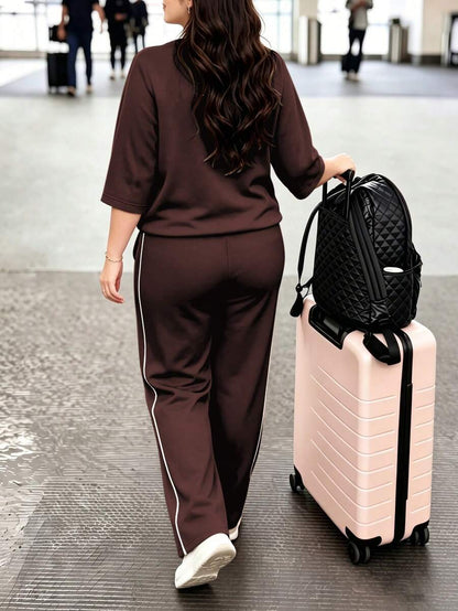 Spring/Autumn Plus Size Women's New Round Neck 3/4 Sleeve T-Shirt & Casual Daily Elastic Waist Loose Long Pants 2-Piece Set, Visual Concealing Elegant