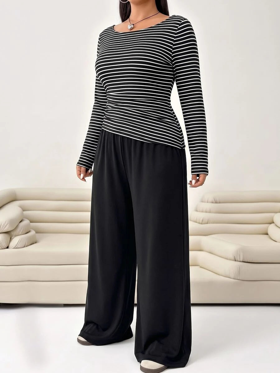 Solflare Plus Size Textured Long Sleeve Top And Loose Pants With Pockets 2 Pieces Set Fall