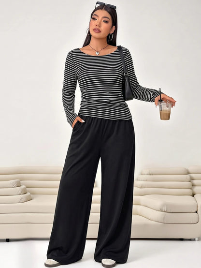 Solflare Plus Size Textured Long Sleeve Top And Loose Pants With Pockets 2 Pieces Set Fall