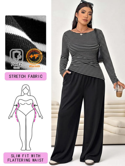 Solflare 2pcs Plus Size Textured Brown Pleated Long Sleeve Top And Pockets Pants Set Fall