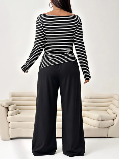 Solflare 2pcs Plus Size Textured Brown Pleated Long Sleeve Top And Pockets Pants Set Fall